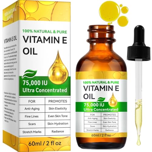 Vitamin E Oil, 75,000 IU Pure Vitamin E Oil for Skin, Face, Scars, Body, for Moisturizing Dry Skin, 2 Oz