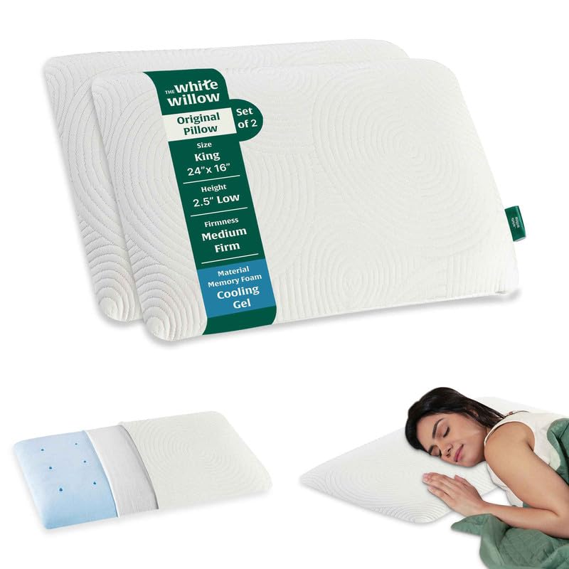 The White Willow Thin Pillow for Sleeping-Slim Memory Foam Pillow Set of 2-Cool Gel Slim Pillow for Neck & Shoulder Pain Relief-Flat Pillow-Orthopedic Cervical Neck Pillow-King Size-2.5" H-White