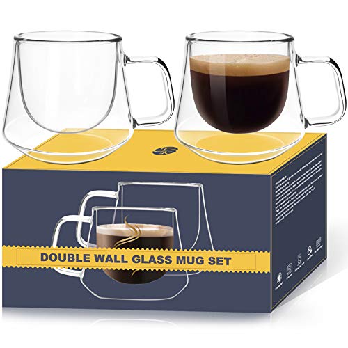 TKS [2-Pack,6.8 Oz] Latte Cups , Clear Cappuccino Cups ,Espresso Cups, Insulating Double Walled Glass, Set of 2 Glasses Cappuccino Mug with Handle(Tea Latte Glassware)