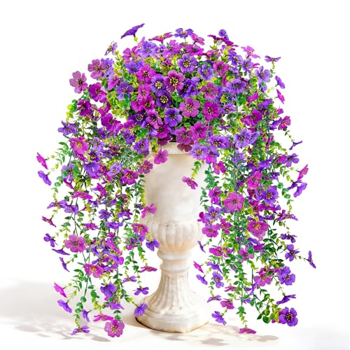 Der Rose Artificial Hanging Flowers for Outdoors UV Resistant Fake Hanging Plants for Spring Decoration, Realistic Silk Flowers with Trailing Vines for Porch Patio Balcony Fence Garden Decor