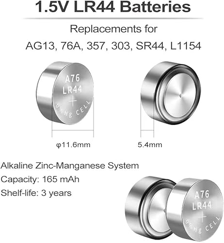 Miniatura 6 de PGSONIC Paquete de 50 baterías LR44, pilas de botón alcalinas de 1.5 voltios con potencia de larga duración