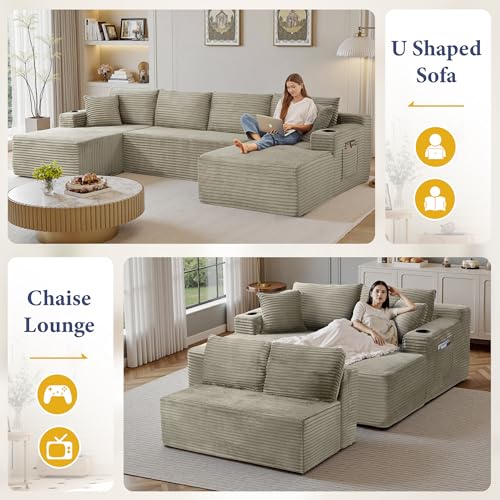 Image of 96 inch Sectional Couches for Living Room Cloud Couch Sofa with L-Shape Upholstered Boneless Couchs Modern Modular Sectional Couch with Chaise (Camel, 133 inch W+U Facing Chaise)