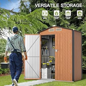 Outdoor Storage Shed, 5x3 Ft Metal Steel Tiny House with Frame Floor & Lockable Door, Vertical Outside Storage Building for Garden, Backyard, Lawn, Patio Utility, Tool Storage Outdoor Storage Shed 5×3 Ft Metal Steel Tiny House with Frame Floor Lockable Door Vertical Outside Storage Building for Garden Backyard Lawn Patio Utility Tool Storage