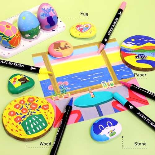 Image of Pagather 100 Colors Acrylic Paint Markers, Dual Tip with Fine Tip and Brush Tip Pens for Fabric, Stone, Wood, Canvas, Ceramic, Metal, Glass, Rock Painting, DIY Crafts Art Supplies Kit