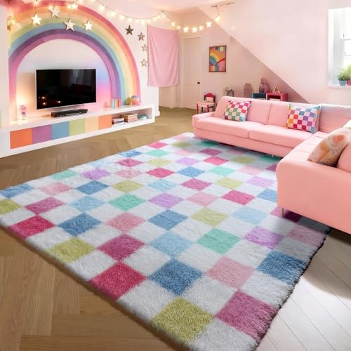 Image of KICMOR Checkered Rug 8x10 for Living Room, Rainbow Colorful Fluffy Soft Large Area Rug Fuzzy Shag Shaggy Bedroom Carpet, Cute Indoor Plush Rugs for Kids Girls Boys Dorm Nursery Home Decor Aesthetic
