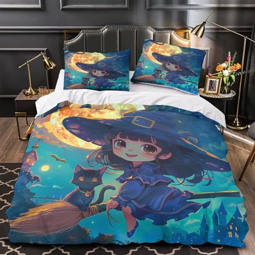 RIAVBAODG Bruja Impresas En 3D,Pequeña Bruja,Juego De Funda para Edredón 3 Piezas Juego De Sábanas Fundas Nórdicas Cremallera Oculta para Niños, Adolescentes,Adultos Single（140x200cm）