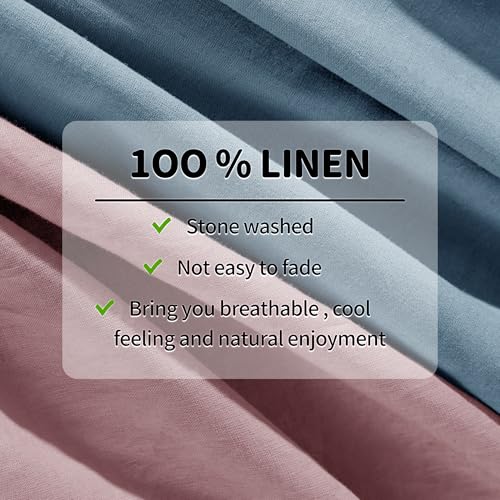 Image of 100% Pure Linen Sheet Set 4pcs Natural Linen Sheets Embroidery Purple Color Full Size, Relaxed Texture