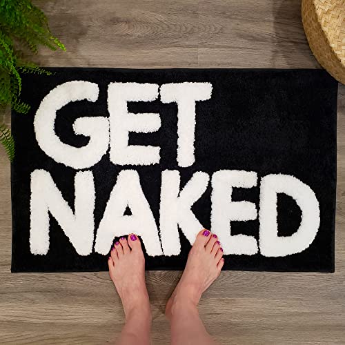 Image of New Mungo Get Naked Bath Mat - Black Cute Bathroom Rugs with White Letters for Apartment Decor - Funny Black - Get Naked Rug for Bathroom - 31 inch x 20 inch