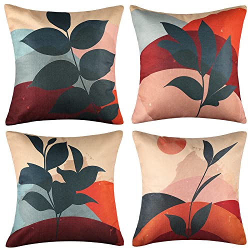 Funda de Cojín 45x45 Morandi Hojas de Plantas Funda de Almohada Minimalista Moderno Cuadrado Lino Fundas de Cojín Decorativas Abstractas para Sofá Hogar Sala de Estar Dormitorio Decoración Cover