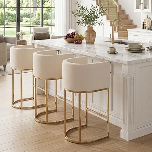Image of HNY Modern Cream Counter Height Linen Fabric Barrel Upholstered Counter Stools Set of 3, 29 Inch Kitchen Island Stools with Gold Metal Frame