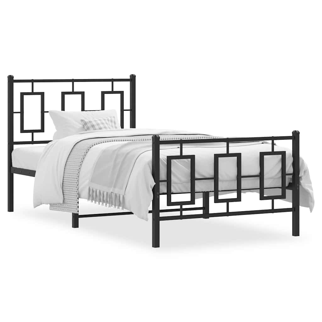 Malowana proszkowo stal Klasyczna rama z listwami Czarny 90x200 cm | Metalowa rama łóżka 90x200 z wezgłowiem i zanóżkiem, czarna, solidny stelaż pod materac z listwami i miejscem do