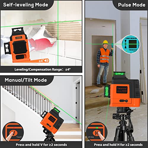 Takamine 12 Lines Laser Level Self Leveling 3X360° 3D Green Cross Line For Construction/Picture Hanging, Remote Controller, Rechargeable Li-Ion Battery, Magnetic Stand And Portable Bag #TOP2
