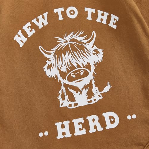 New To The Herd Baby Girl Western Outfit Highland Cow Print Long Sleeve Romper Flare Pants Headband Fall Outfits4