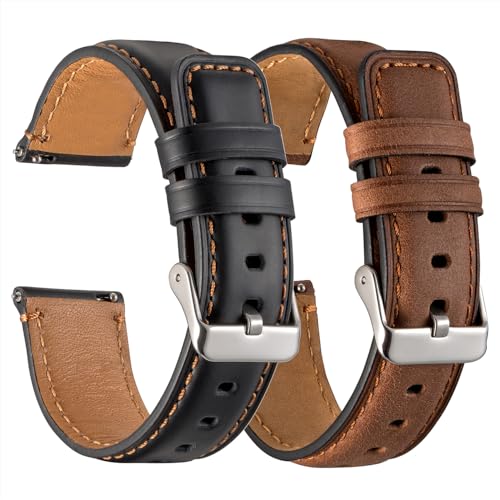 Snowoxen Galaxy Watch 6 Bands 2 Packs Compatible with Samsung Galaxy Watch 6 Classic 47mm 43mm/ Galaxy Watch 6 40mm 44mm Band 20mm Genuine Leather Quick Release Women Mens Band (Black+Brown)