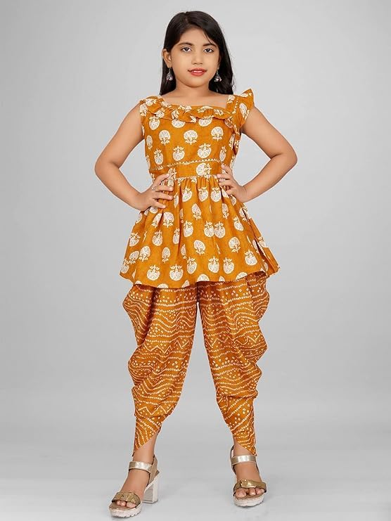 Image of Suhana Fashion Girls Dress Girls Cotton Kurti Top with Dhoti Kurta Set & Dupatta