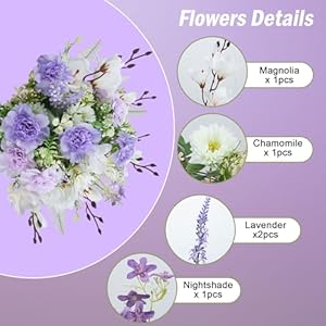 Artificial Chamomile Lilac Lavender Silk Flowers with Tuberose Magnolia Flower, Spring Faux Purple Silk Floral Arrangements for Home Living Room Wedding Offices Decorations Cemetery Decor Artificial Chamomile Lilac Lavender Silk Flowers with Tuberose Magnolia Flower Spring Faux Purple Silk Floral Arrangements for Home Living Room Wedding Offices Decorations Cemetery Decor