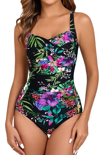Itzel Women's Push Up One Piece Swimsuit Tummy Control Vintage Retro Ruched Bathing Suits