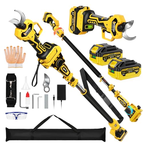 2-IN-1 Electric Pole Pruning Shears, 1.6' Cutting Diameter-Brushless Motor, Cordless Power Pruner with Extension Pole, Total Reach of Max 15.58FT, 2×4.0Ah Battery, SK5 Blade×2, LCD,for Garden Trimming