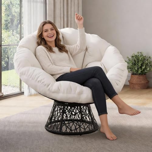 Fauteuil papasan Pivotant à 360° en Rotin,Fauteuil de jardin avec Coussin...