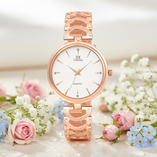 Image of IIK COLLECTION Watches for Women Round Studded Dial |Analogue Quartz Movemnet Ladies Watch|Long Battery Life|Stainless Steel Adjustable Bracelet Chain Strap|Double Lock Clasp Safety Watches for Girls