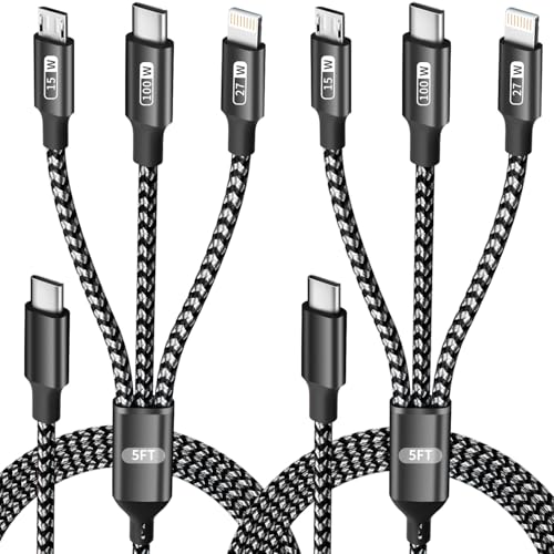 100W USB C Multi Charging Cable with E-Mark Chip 3 in 1 USB C Fast Charging Cable Universal Multiple Charger Cord with Type-C Micro USB IP Port for iPhone16/15/14/Cell Phones and More (2Pack 5FT)