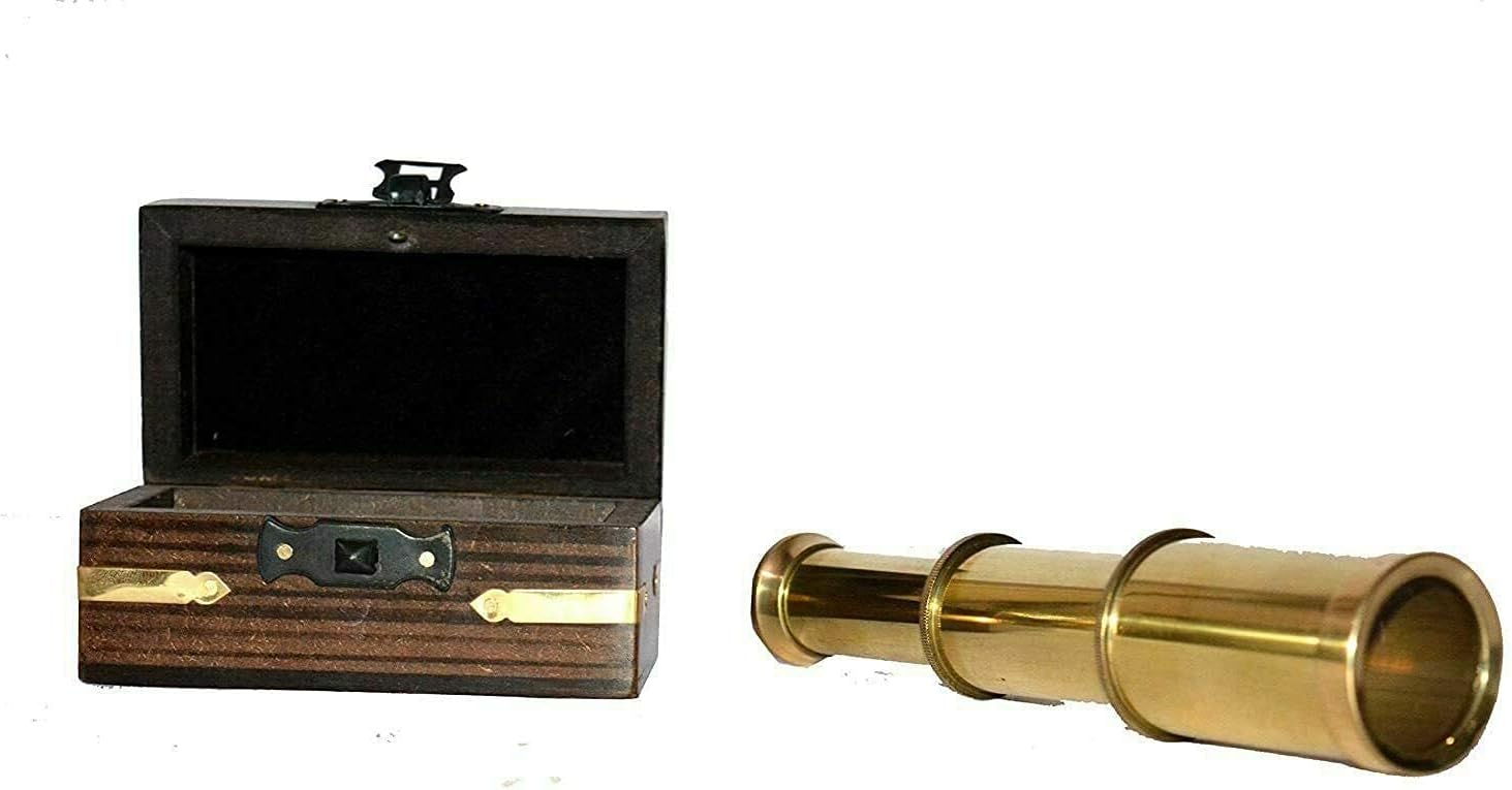 Antique Vintage Brass 6" Spyglass Telescope with Wooden Box Gift Item