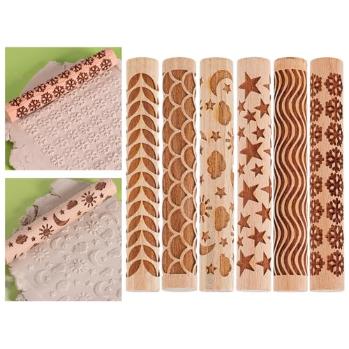 HOBBIESAY 6 Styles 4inch Wooden Clay Texture Rollers Pottery Tools Handmade Clay Roller Pattern Modeling Embossing Engraved Hand Rolling Pin for Slab Building Sculpting Craft Art DIY Ceramics Design
