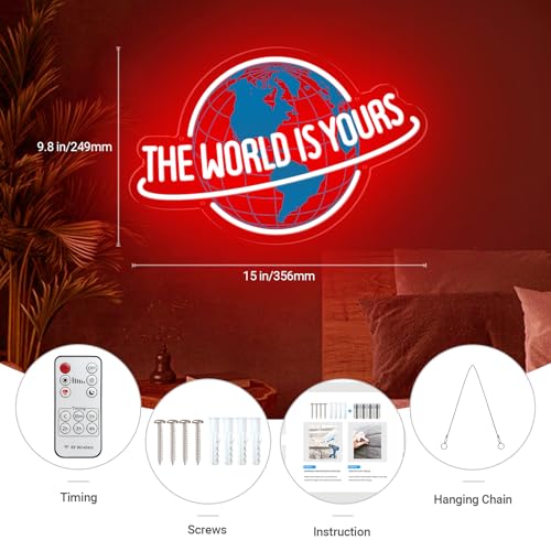 Image of The World Is Yours Neon Sign, Dimmable Planet LED Neon Light Lamp for Wall Decor, USB Power for Man Cave Home Bar Bistro Club Cafe Wedding Game Room Bedroom Birthday Gift Graduation Party (Red)