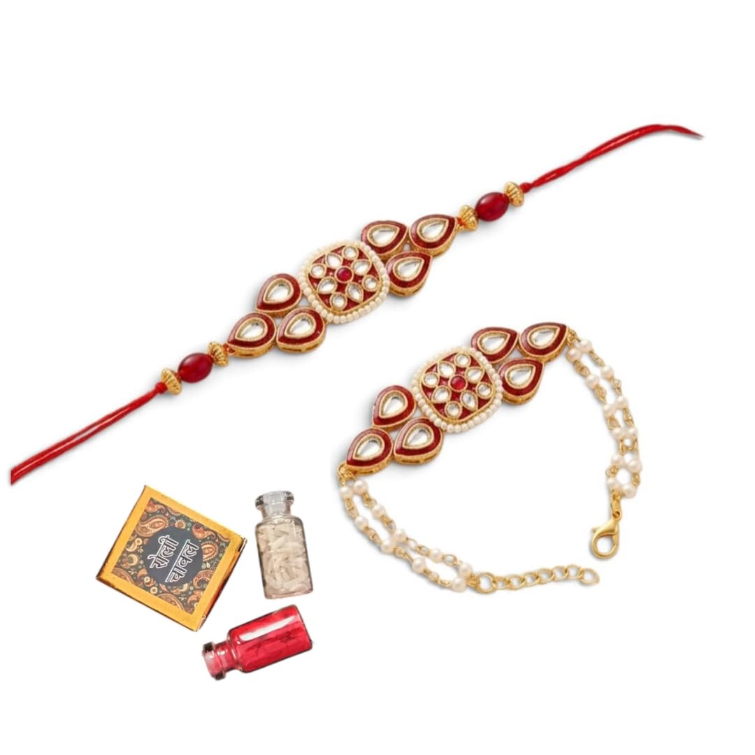 Sweksha Creations Rakhi Bracelet Set with Kundan Meenakari with rolichawal-image-18