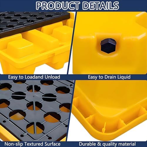 Modular Spill Containment Platform, Stackable Drum Spill Pallet with Grating, Yellow & Black, 130x130x15cm, Heavy-Duty Spill Control Solution for Safe Liquid Storage