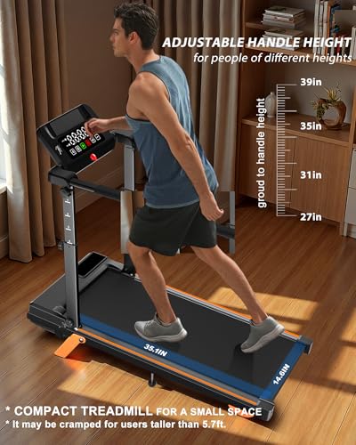 Image of 12% Incline Multifunctional Walking Pad with Height-Adjustable Handle Bar and Built-in Removable Desk, 8.0MPH /3.5HP Small Treadmill, 350LBS Weight Capacity Compact Treadmills (Black Orange, S)