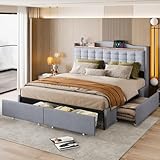 Espace de rangement spacieux avec 4 grands tiroirs sous le lit : organisation maximale sous le lit. Quatre tiroirs surdimensionnés et faciles d'accès offrent un espace caché et facilement accessible pour la literie, les vêtements, les chaussures ou les objets saisonniers et gardent votre chambre toujours bien rangée.