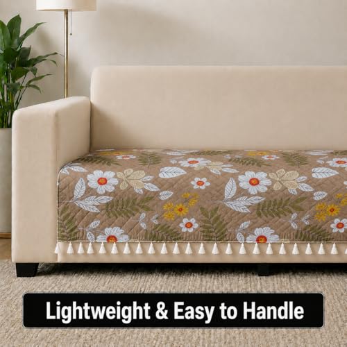 Image of STITCHNEST 'Frostvine Collection' 1 Seater Sofa Cover| Cotton Quilted Fabric, Decorative Tassels, Washable & Durable for Modern Living
