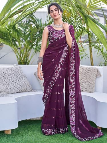 Image of Satrani Women's Georgette Sequence Work Saree with Unstitched Blouse Piece