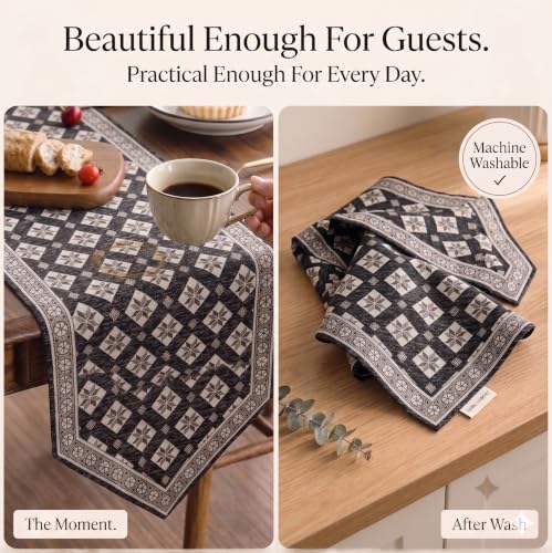 Image of Dining Table Runner for 4 Seater | Premium Viscose Rayon & Cotton Fabric | Washable Heat Resistant Decorative Table Cover for Dining Table | Modern Home Decor | 36 x 14 Inch | Grey