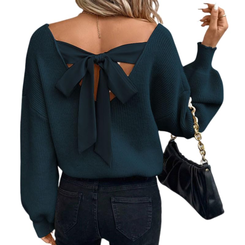 Women Sexy Backless Bow Tied Pullover Long Lantern Sleeve Sweaters Fall Winter Trendy Clothes