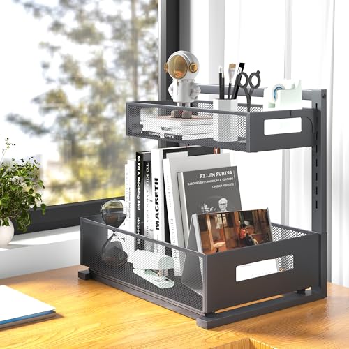 Image of Petiza Under Sink Organizer Pull Out Cabinet Organizer Adjustable Height 2 Tier with Sliding Drawers Kitchen Bathroom Organizer and Storage(Gray-1pc)
