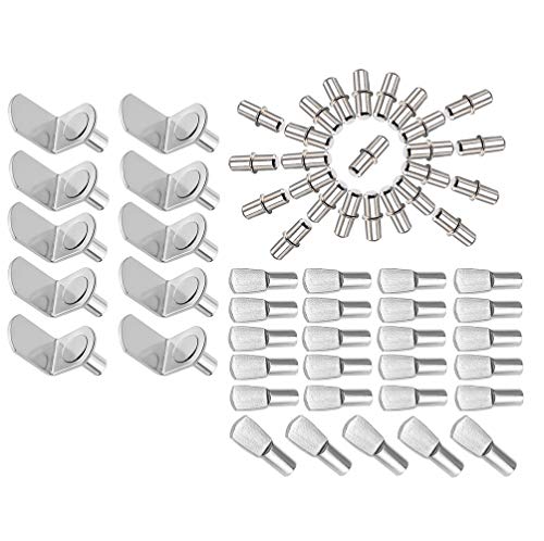 MZMing [60 pezzi] 3 stili di Supporto scaffale di metallo Compresi Supporti staffa a L/forma di cucchiaio piatto Perni per mensole/Perni per mensole di forma cilindrica per armadi/librerie, ecc.