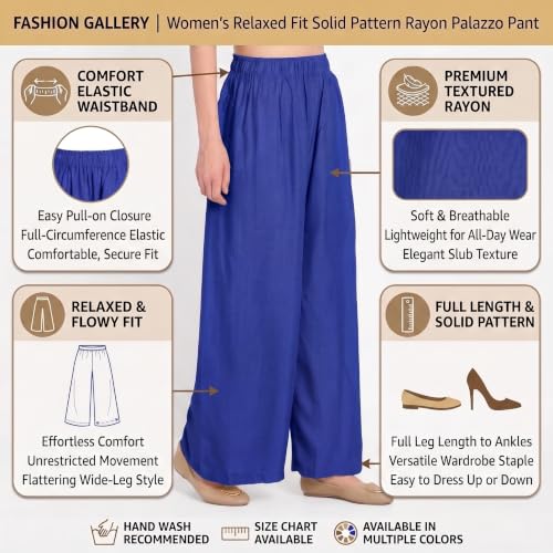 Image of FASHION GALLERY Women's Solid Rayon Palazzo Pants | Relaxed Fit Full Length Wide Leg Palazzo | Elastic Waist Comfortable Casual Lounge Office Ethnic Flared Trousers for Women
