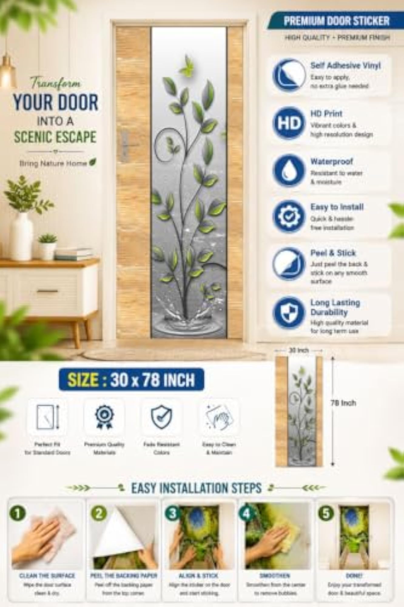 Self Adhesive Waterproof & Dustproof PVC Door Wallpaper