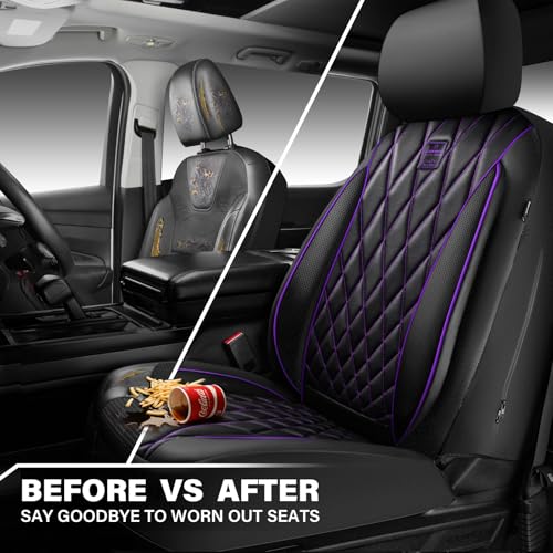 Image of CAR PASS Piping Luxury Faux Leather Two Front Car Seat Covers, Waterproof Anti Slip Premium Automotive Seat Covers,Universal Fit for Suvs,Vans,Trucks, Armrest Airbag Compatible (Black and Purple)