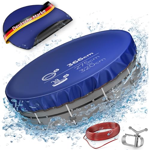 Cubierta para piscina 200 g/m3, tratada con rayos UV, 2 en 1, lona reversible redonda (negro/azul), incluye cuerda de acero de 3 mm y tensor de cuerda, bordes reforzados (366 cm de diámetro)