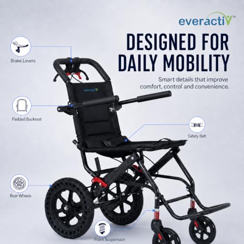 Image of EverActiv AERO GLIDE Foldable Travel Wheelchair, 9.5 kg Lightweight Portable Wheel Chair for Seniors & Patients, Compact Attendant Wheelchair with Aluminium Frame, Hand Brakes, Safety Belt & Foldable Footrest