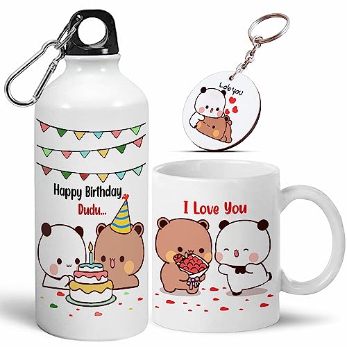 Image of Bubu Dudu Love Gift for Birthday /Anniversary Sipper Water Bottle 750 ML Aluminium with 320 ML Coffee Mug, Wooden Keychain Combo Pack MSK-V (Design-6)