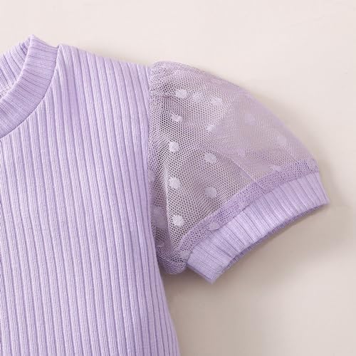 Image of OPAWO Toddler Girl Shirts Short Sleeve Ribbed Cotton Baby Tee Girls Tops | Polka dot tulle puff sleeves, Super soft and lightweight, Solid color, Versatile, Fit for summer, 12 Months to 8 Years