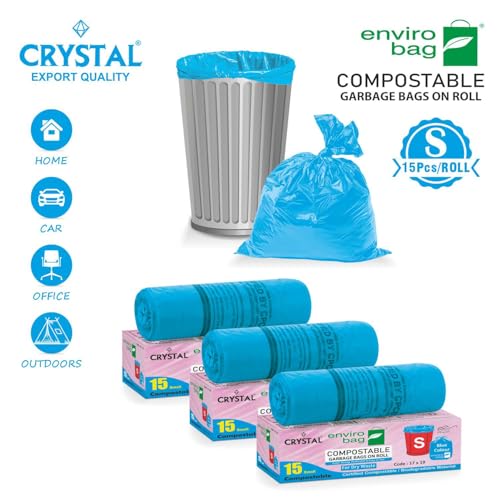 Image of Crystal 100% Compostable Garbage Bags | Small (S) | 45 Counts | 15 Bags X 3 Packs | 17 x 19 Inches | Strong and Durable | For Dry and Wet Waste, Blue