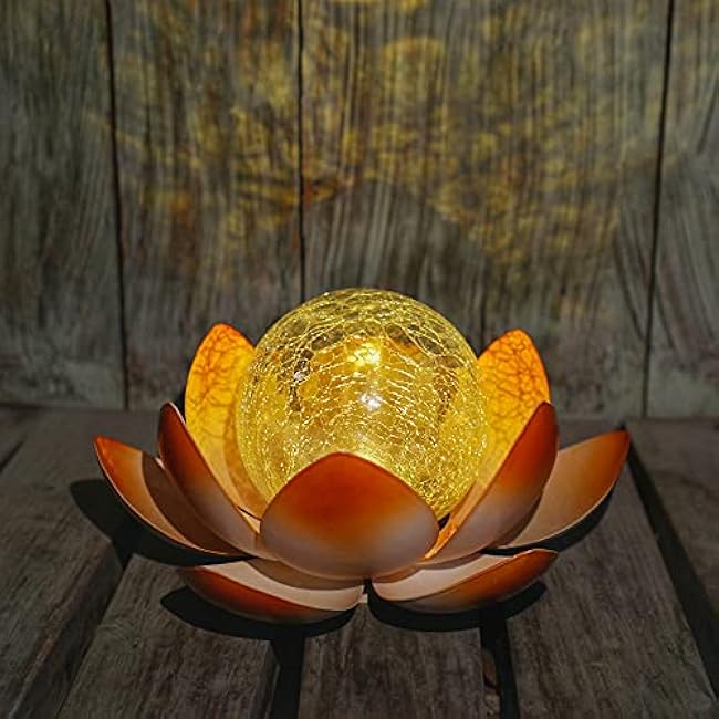 Decorman Solar Garden Lights Outdoor, Crackle Globe Glass Lotus Decoration, Waterproof Metal LED Flower Lights for Yard, Patio, Lawn, Pathway, Tabletop (1 Pack, Orange)