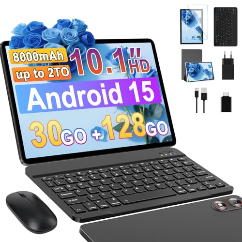 fezawio Tablette Android 15 avec 5G WiFi 10 Pouces 30Go RAM + 128Go ROM(2To Extensible), Widevine L1, Octa-Core 2.0GHz/8000mAh/8+5MP/Double Haut-parleurs Tablettes avec Clavier+Souris et Cas-Gris