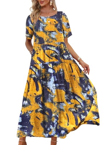 YESNO Women Dresses Casual Plus Size Bohemian Short Sleeve Floral Long Maxi Summer Beach Swing Dress/Pockets L EJFUK CR141