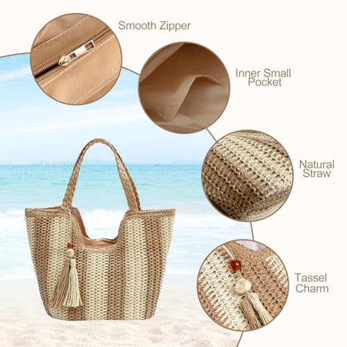 Image of Long Keeper Women Straw Beach Bag Large Weave Tote Bags Summer Boho Shoulder Bag Woven Handbag for Travel Vacation Shopping